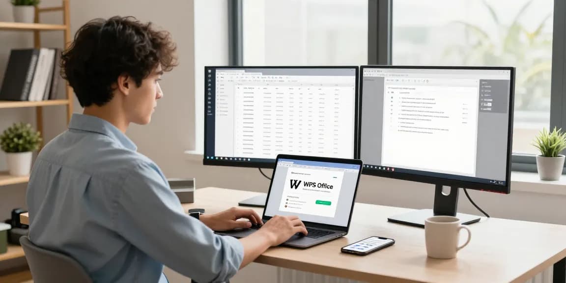 Download WPS Office on a laptop in a modern workspace with dual monitors and natural light.