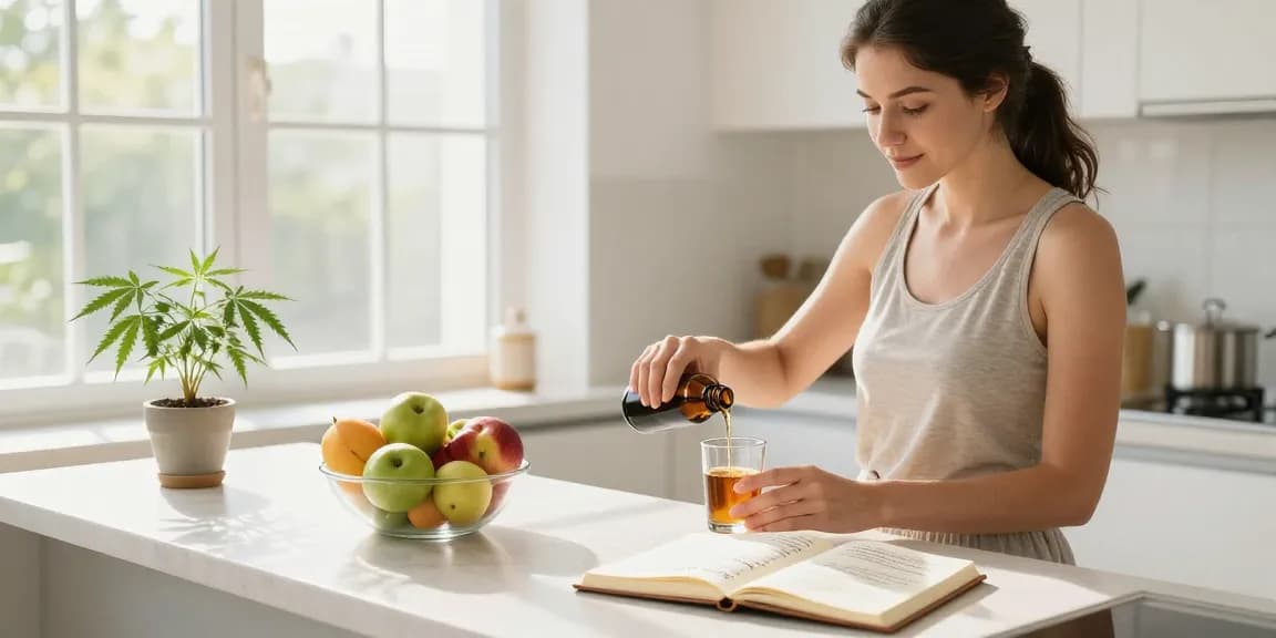 Edibles for sale alongside CBD oil and organic supplements in a bright kitchen, embodying natural wellness.