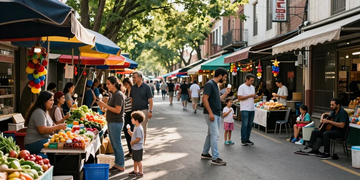Vibrant marketplace scene showcasing local vendors and community interaction at https://forumup.org/shop/search.php?ca_id=&addr1=&addr2=&addr3=&schKeyword= with families enjoying afternoon ice cream.