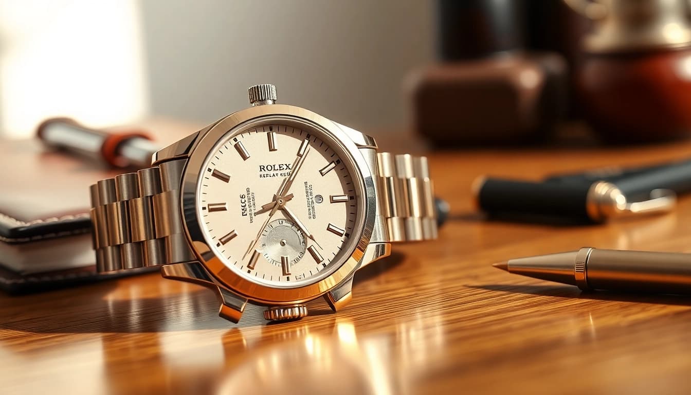 Showcasing a detailed rolex replica wristwatch in an elegant setting, highlighting its luxury craftsmanship.