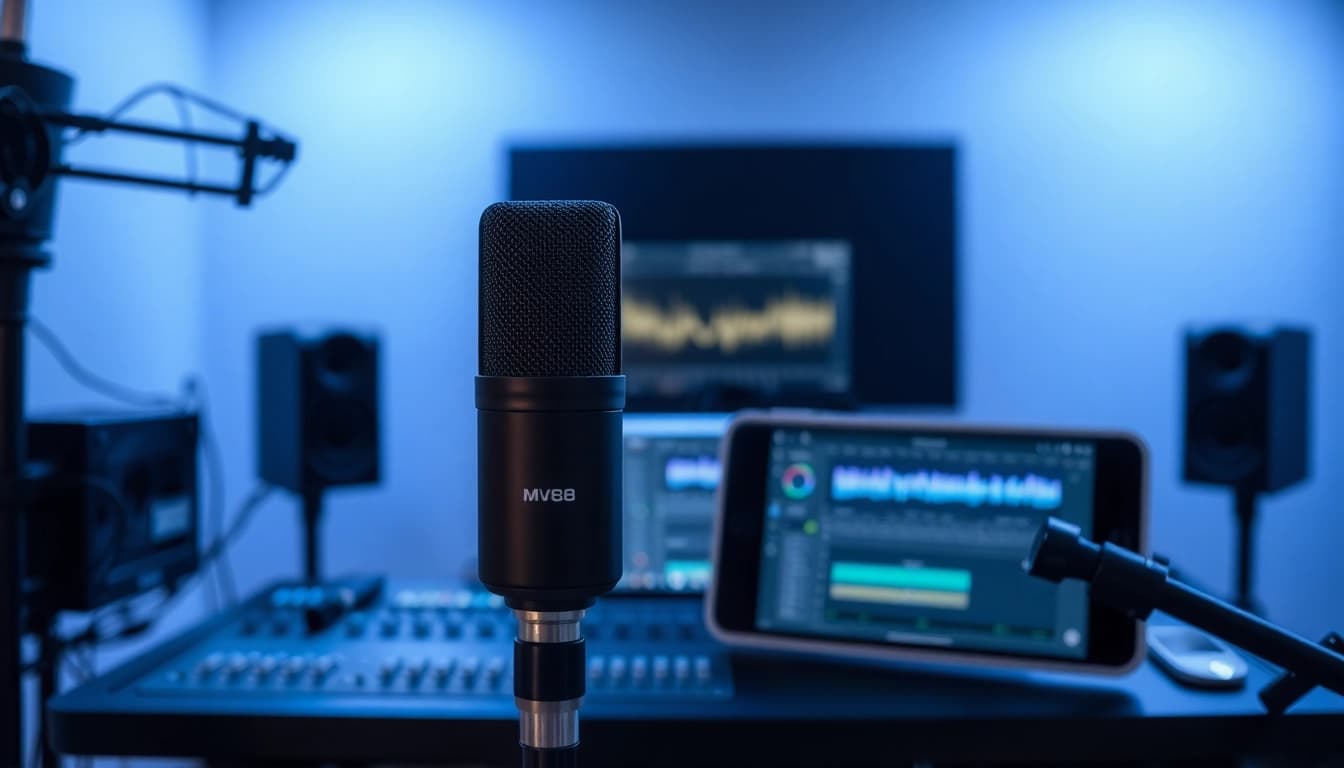 MV88 microphone showcased in a professional recording setup, highlighting its features and innovation.