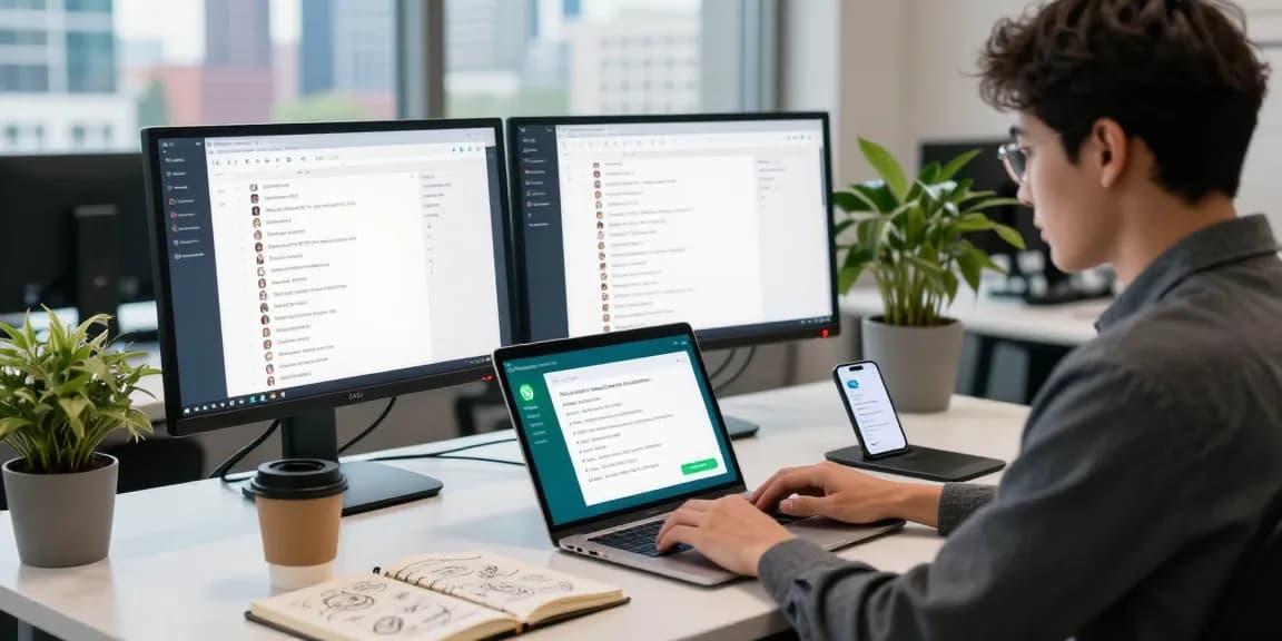 WhatsApp電腦版 used by a professional at a modern tech workspace with dual monitors and urban skyline view.