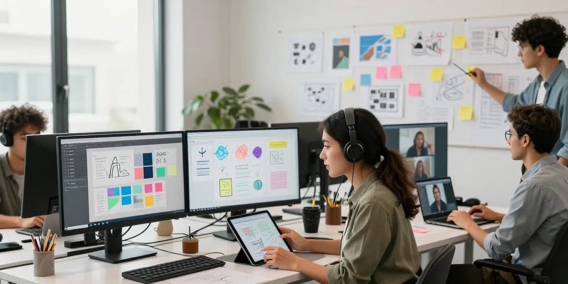 Collaborative scene showing professionals using mixboard ai for creative brainstorming in a modern workspace