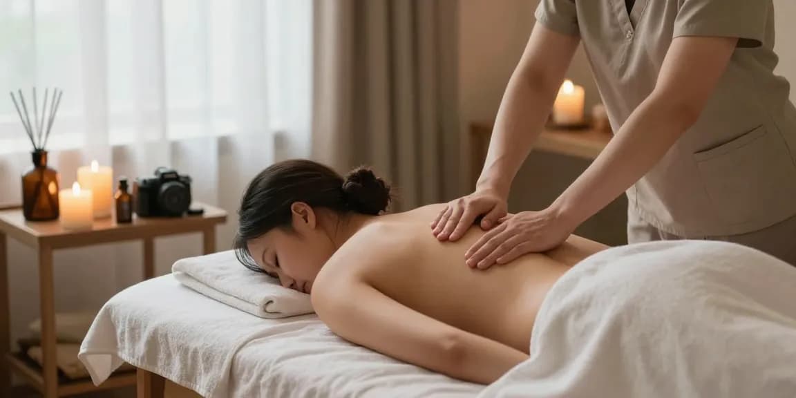 Massage therapist providing a calming 마사지 treatment in a serene spa setting with candles and essential oils.