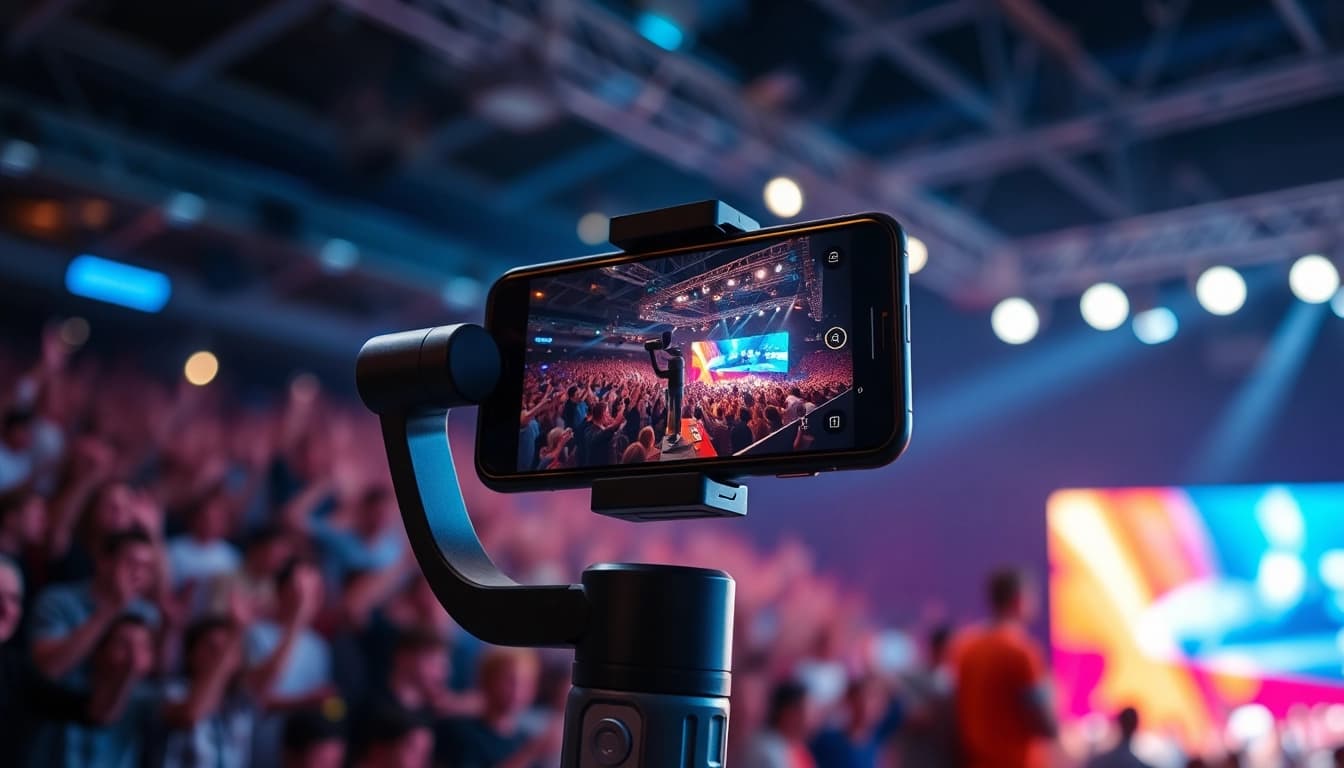 Phone gimbal stabilizing smartphone footage at an event.