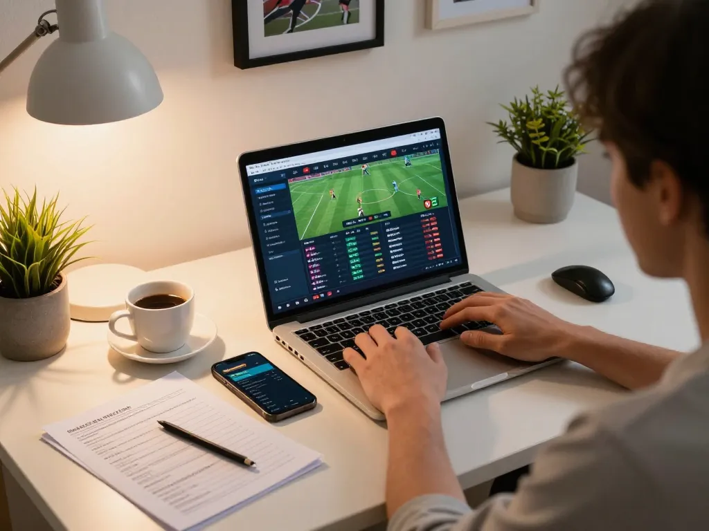 Person engaging in keo nha cai online sports betting at home desk, laptop and smartphone surrounded by strategy notes