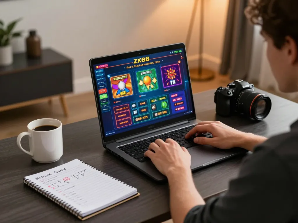 Player engaging with the ZX88 online casino platform, showcasing a laptop gaming setup