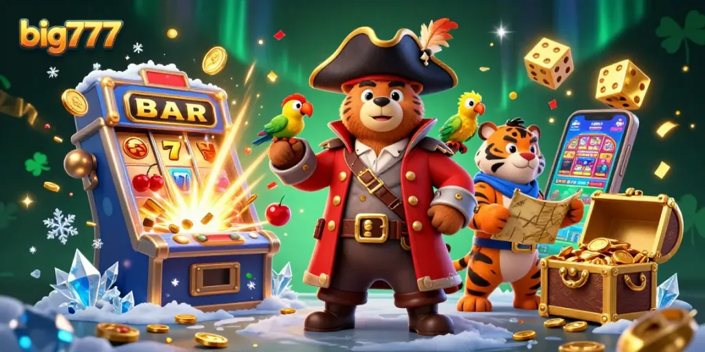 Experience big777 slots with a 3D cartoon scene of a pirate bear, tiger first mate, and colorful slot machine.