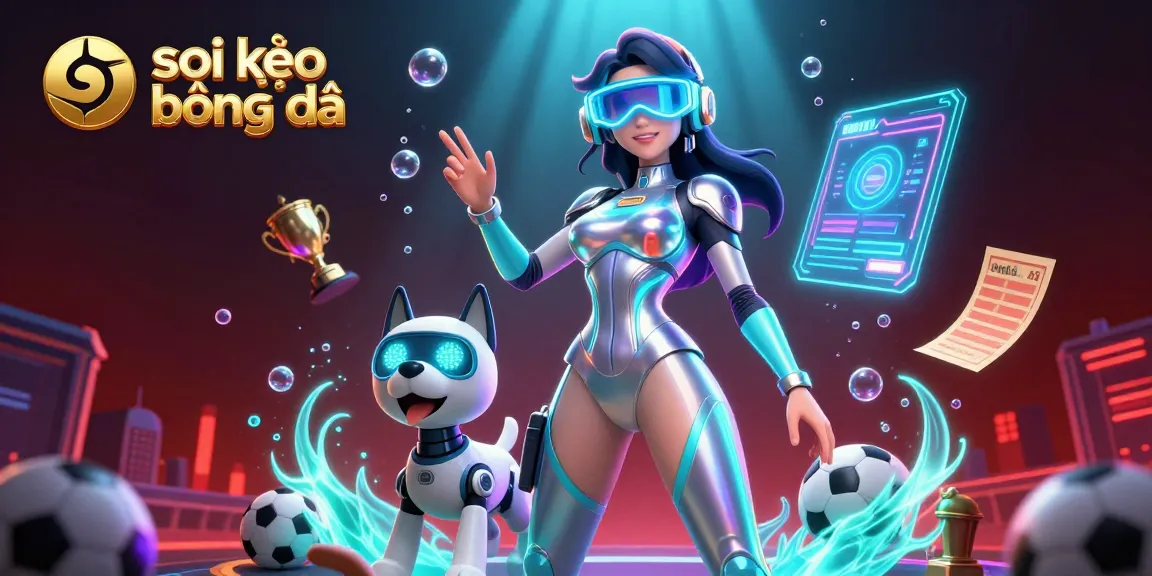 Soi kèo bóng đá sports betting scene with a futuristic woman, robot dog, and dynamic betting elements.