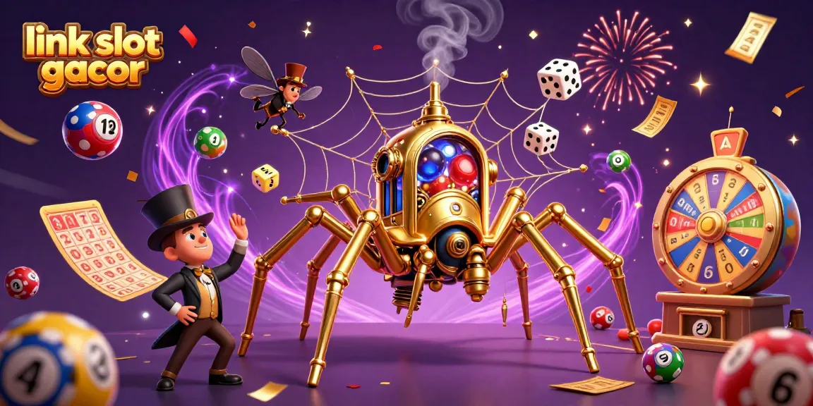 Engage with the vibrant scene showcasing link slot gacor as the golden spider entangles dice and colorful lottery elements.