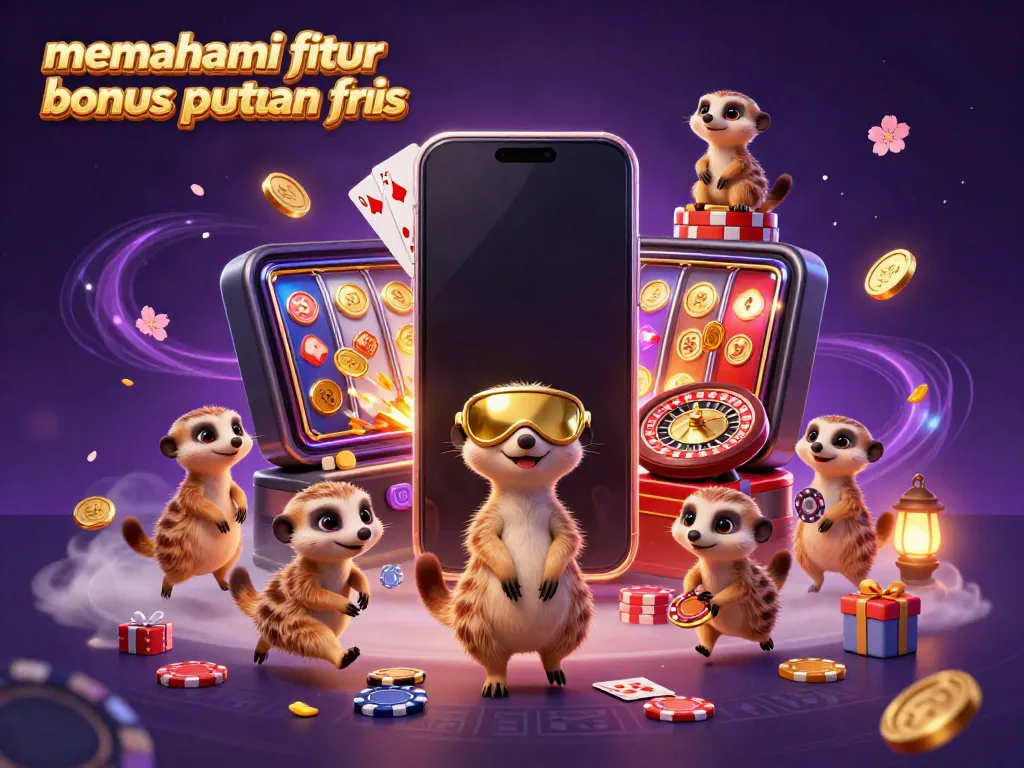 Memahami fitur bonus dan putaran gratis dengan ilmuwan meerkat sedang beroperasi di kasino yang penuh dengan elemen permainan.