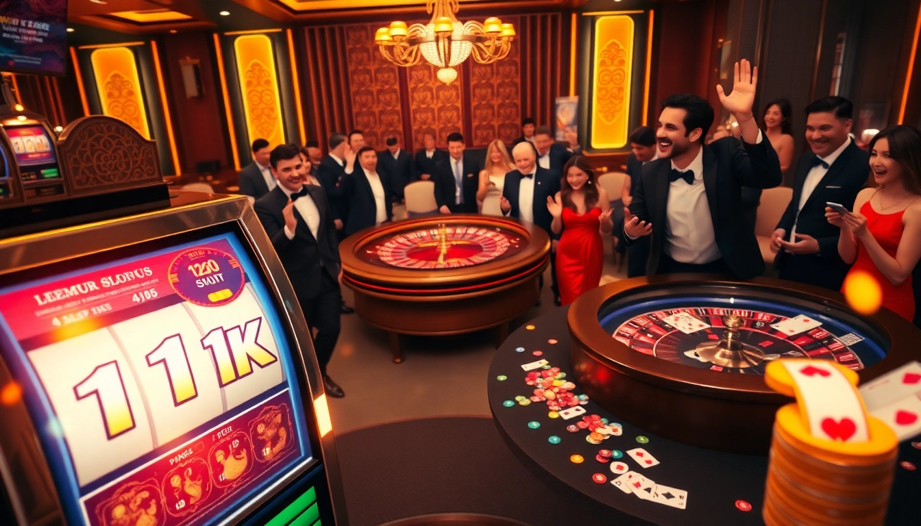 Excited players celebrating a win at a slot depo 1k machine in a luxurious casino setting.