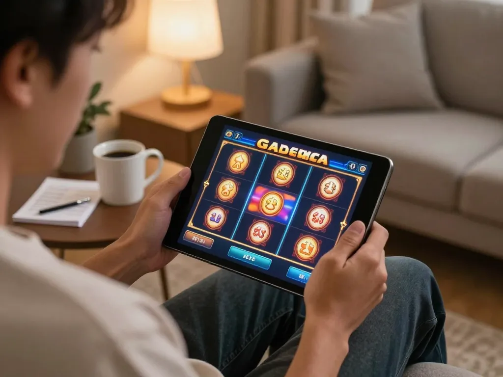 Playing slot gacor game on a tablet in a cozy home setting with vibrant graphics