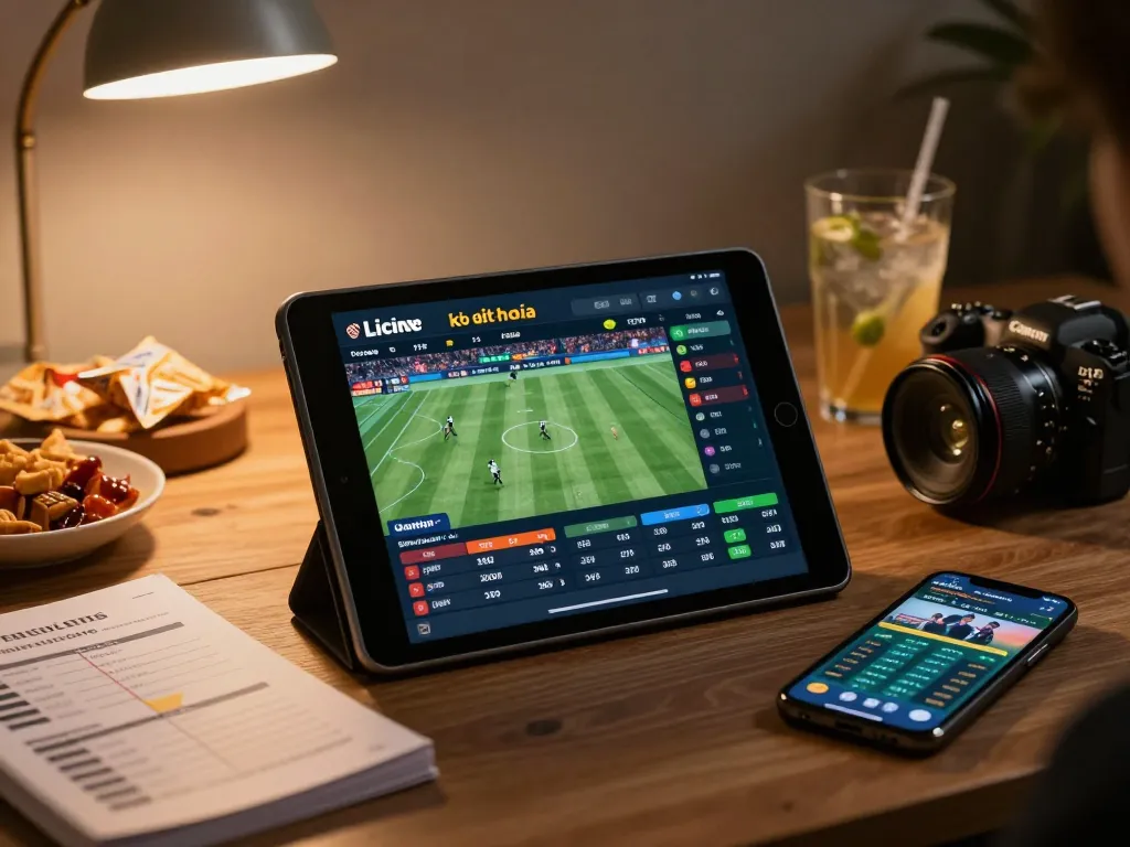Engaging online sports betting scene showing kèo nhà cái odds on tablet with cozy home setup.