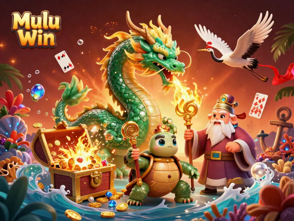 Experience endless fun with Mulu Win, featuring vibrant dragons and dynamic game elements in a thrilling casino scene.