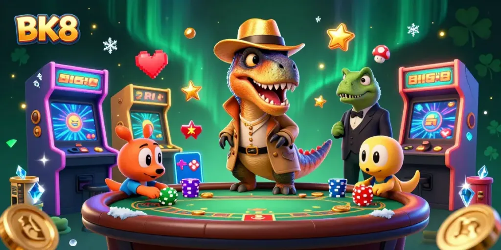 Experience an exciting blackjack scene with BK8’s thrilling dinosaur characters engaging in high-stakes play.