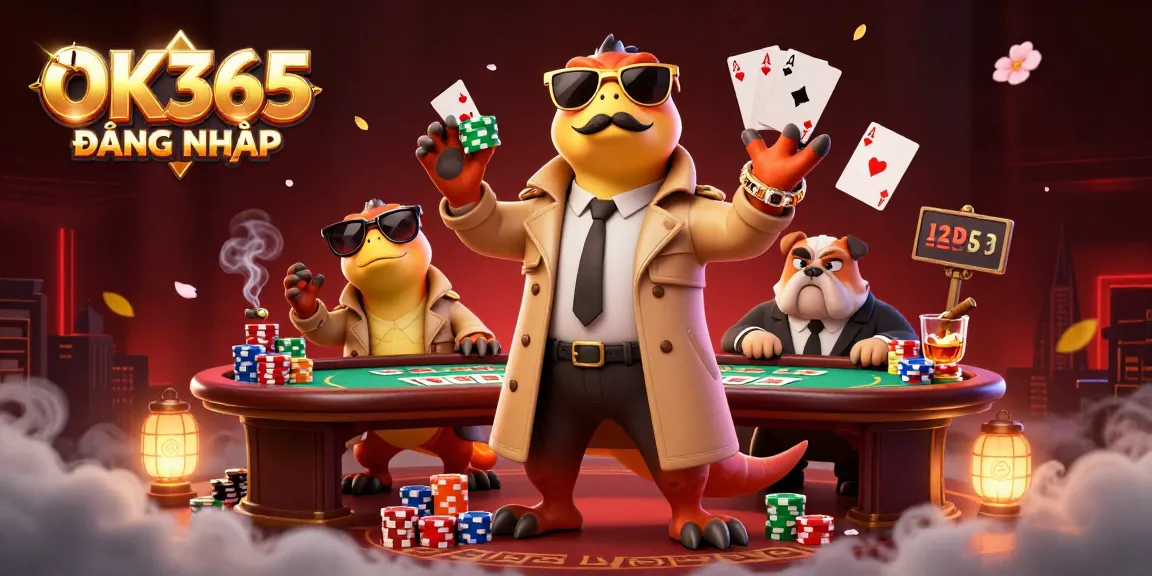 Experience OK365 ĐĂNG NHẬP in a lively casino scene with raptors and a bulldog bouncer.