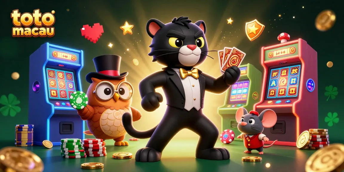 Experience thrilling gameplay at toto slot macau with a colorful 3D illustration of casino characters and slot machines.