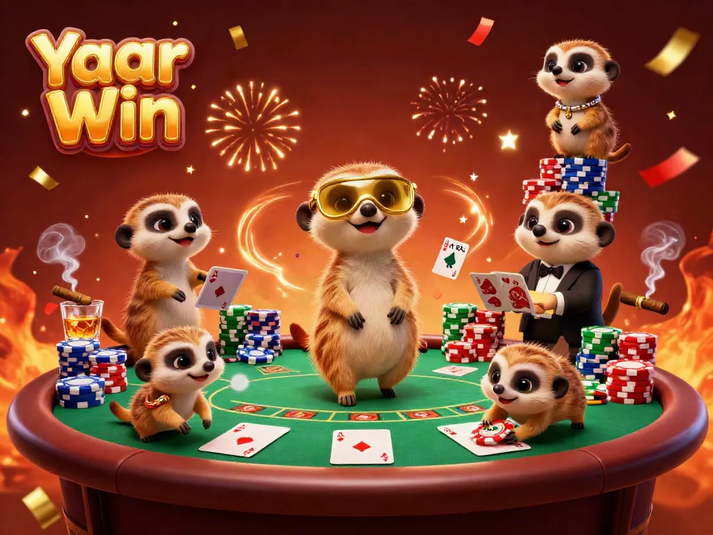 Experience Yaar Win with animated meerkats running an exciting casino scene featuring poker tables and chips.