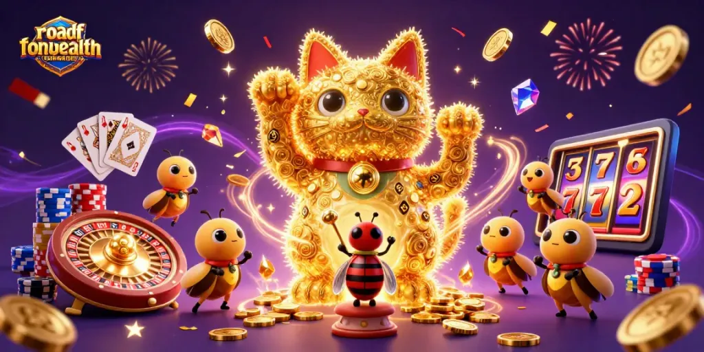 Engage with roadforthewealth's vibrant casino scene featuring a lucky cat and fireworks.