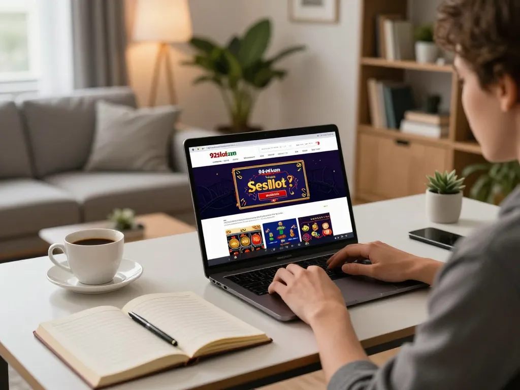 Person engaging on 92slot com page for online gambling with warm coffee.