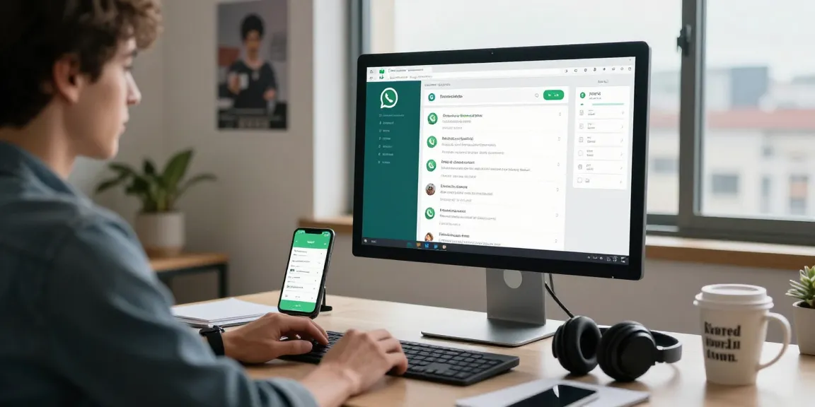 Using WhatsApp電腦版 in a stylish home office, featuring a desktop setup and engaging conversations.