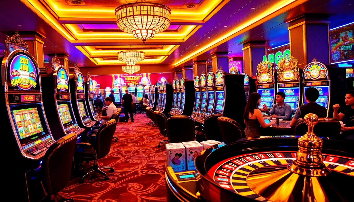 Players enjoying vibrant slot machines at DRAGON222 with poker chips and excitement.