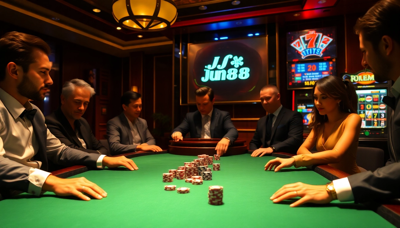 Experience the excitement of Jun 88 with energetic gamblers at a stylish poker table.