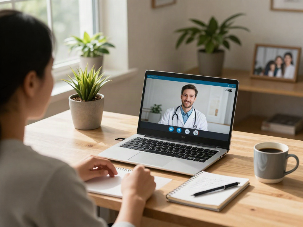Online medical card Texas consultation at home office with laptop and provider on video call.