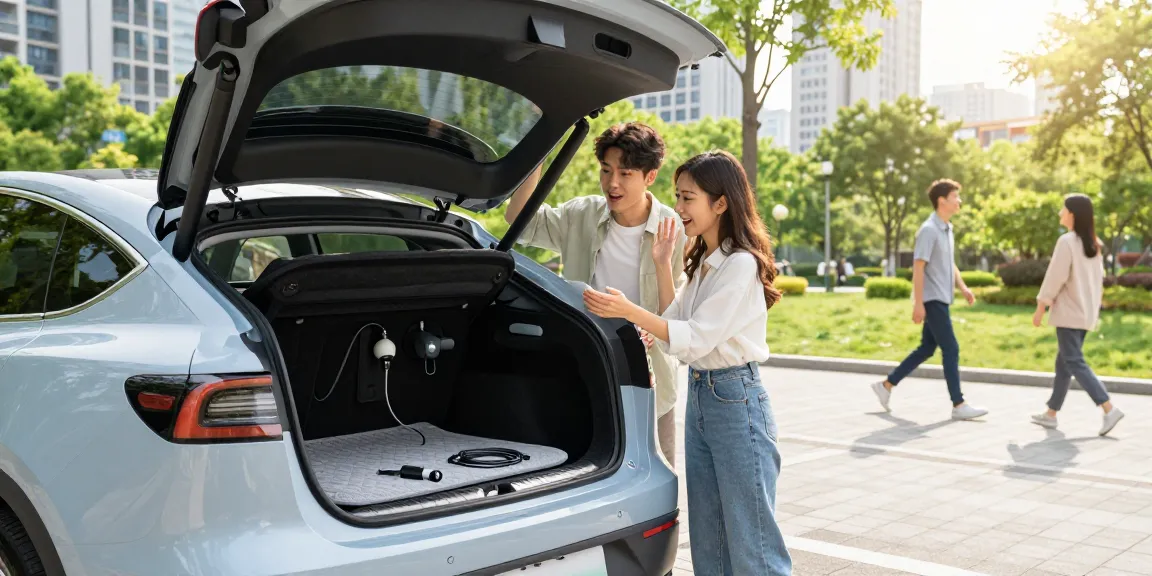 Exciting automotive lifestyle with a car accessories supplier showcasing eco-friendly accessories for electric vehicles in a vibrant urban park.