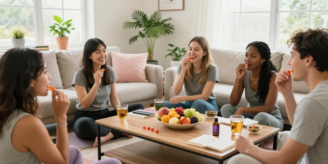 Edibles for sale featured in a joyful wellness gathering with friends enjoying CBD gummies, embodying natural and organic quality.