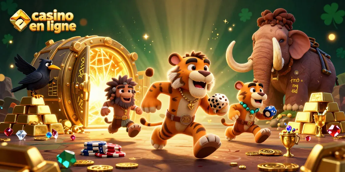 Profitez du jeu au casino en ligne avec une scène dynamique de personnages préhistoriques jouant avec des jetons et des dés.
