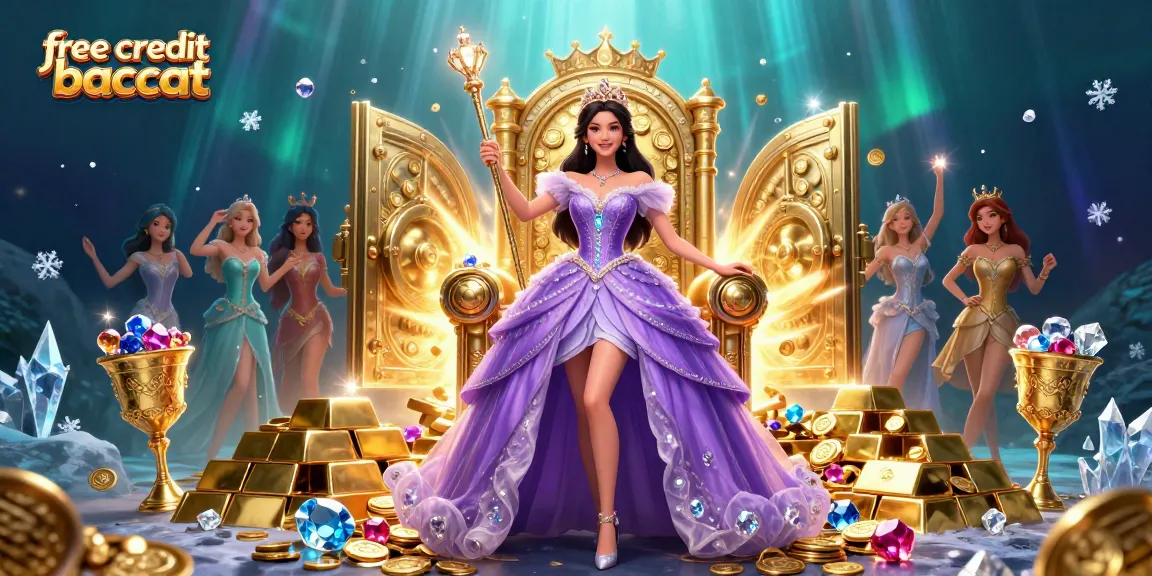 Win big with free credit baccarat in a captivating casino scene featuring treasures and sparkle effects.