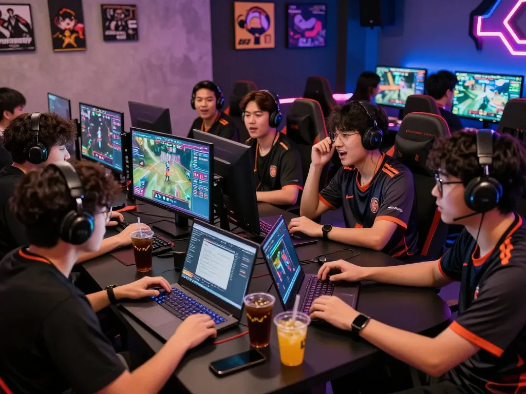 Esports betting Singapore scene with diverse gamers enjoying live matches and strategic discussions in a vibrant gaming lounge.