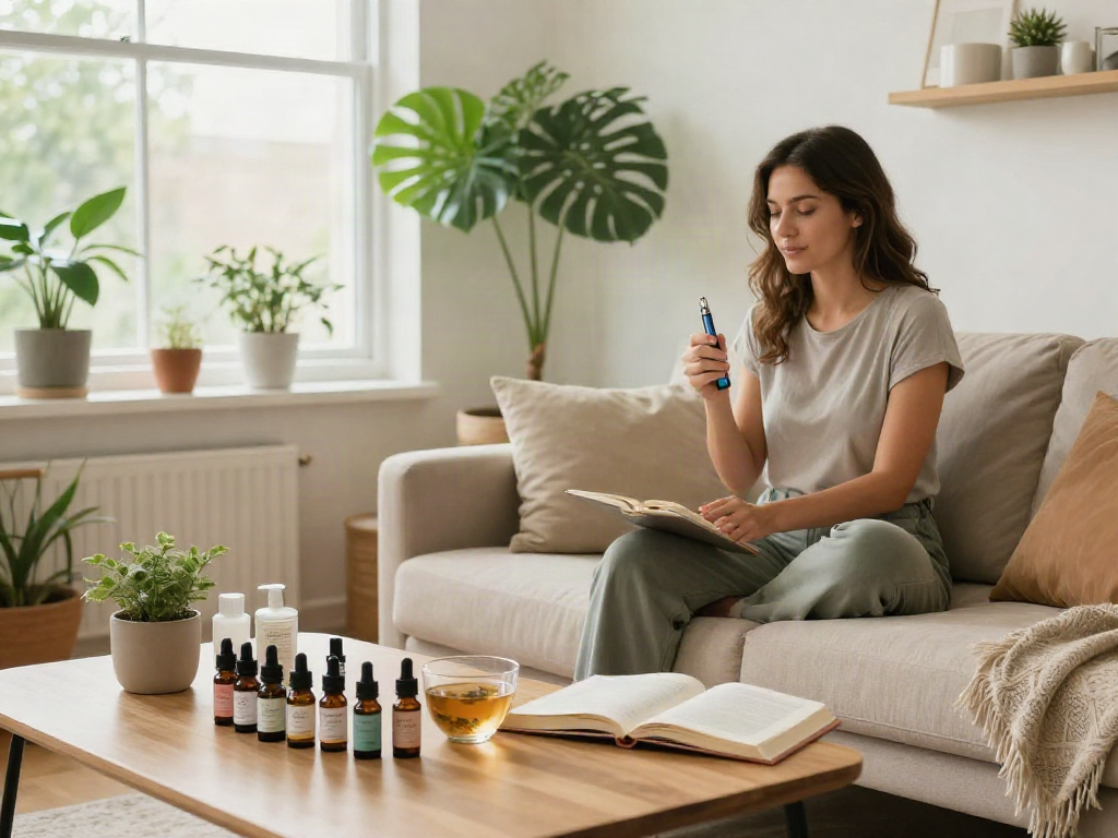 Muha med CBD oil tincture and vape products in a serene wellness scene, embodying natural health and relaxation.