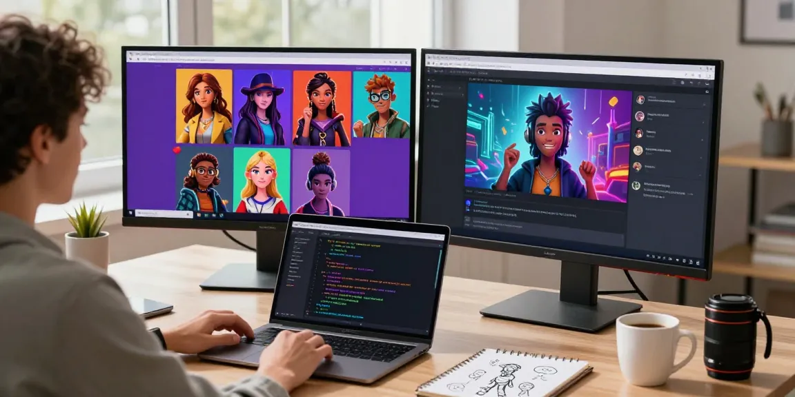 A vibrant scene showcasing Tavern AI usage at a modern workspace with dual monitors featuring AI character chats and creative interactions.