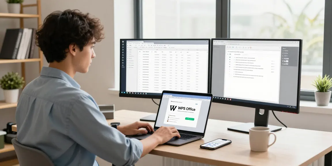 Download WPS Office on a laptop in a modern workspace with dual monitors and natural light.