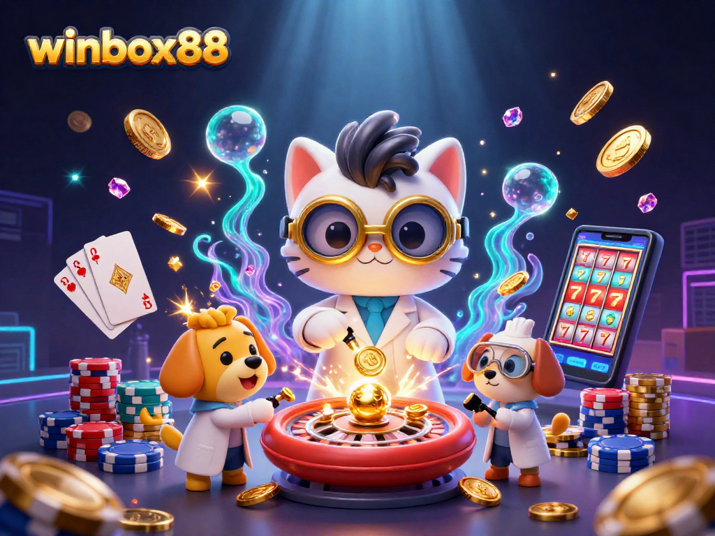 Experience thrilling wins with winbox88 in this vibrant 3D illustration of a dynamic casino scene.