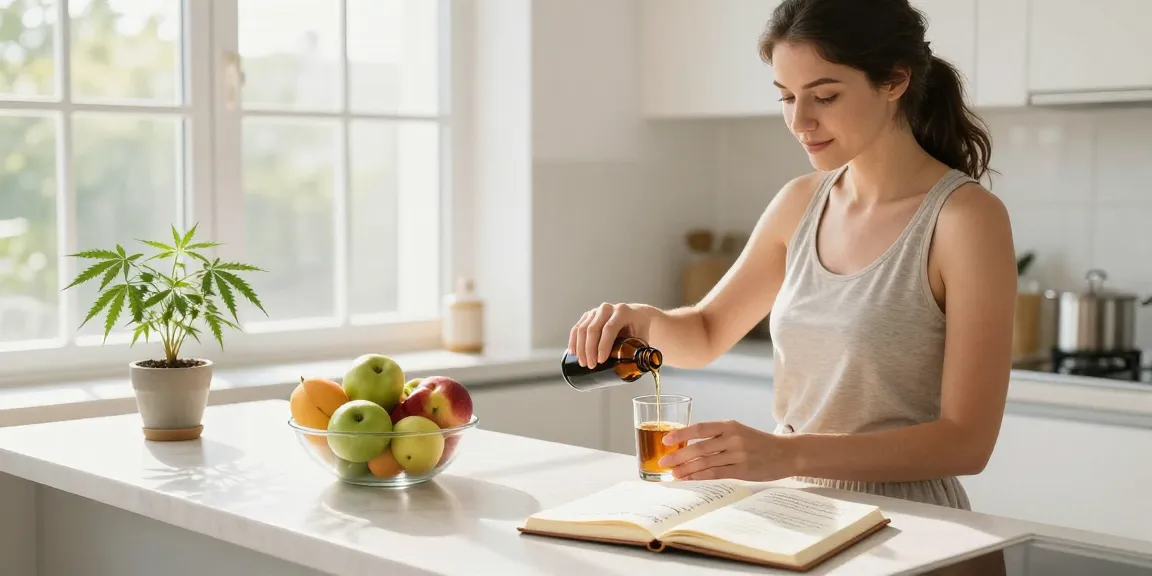 Edibles for sale alongside CBD oil and organic supplements in a bright kitchen, embodying natural wellness.