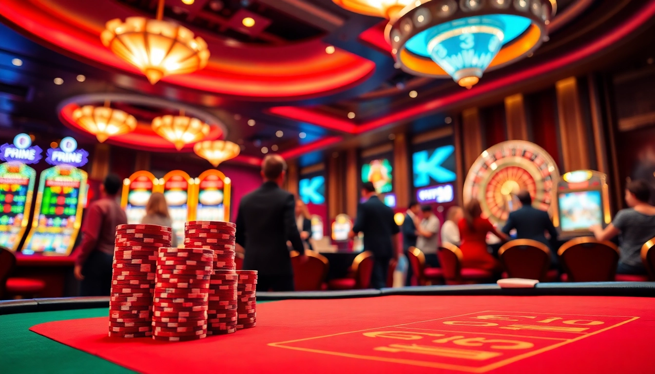 Khela88 betting table with poker chips and slot machines in a luxurious casino setting.