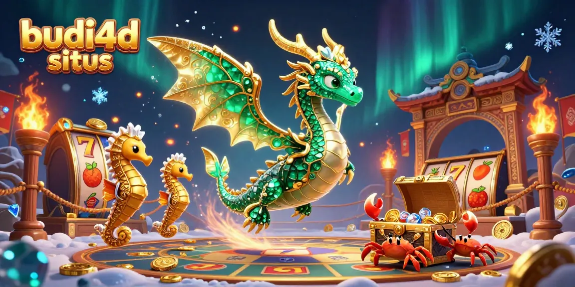 Experience thrilling gaming at budi4d situs, featuring vibrant dragon illustrations and dynamic gambling elements.