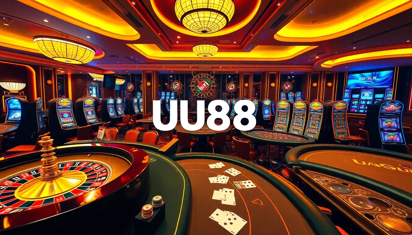 UU88 players engaging at roulette and poker tables in a luxurious casino environment.