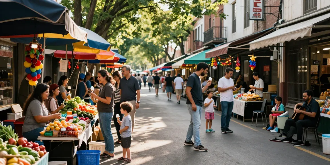 Vibrant marketplace scene showcasing local vendors and community interaction at https://forumup.org/shop/search.php?ca_id=&addr1=&addr2=&addr3=&schKeyword= with families enjoying afternoon ice cream.
