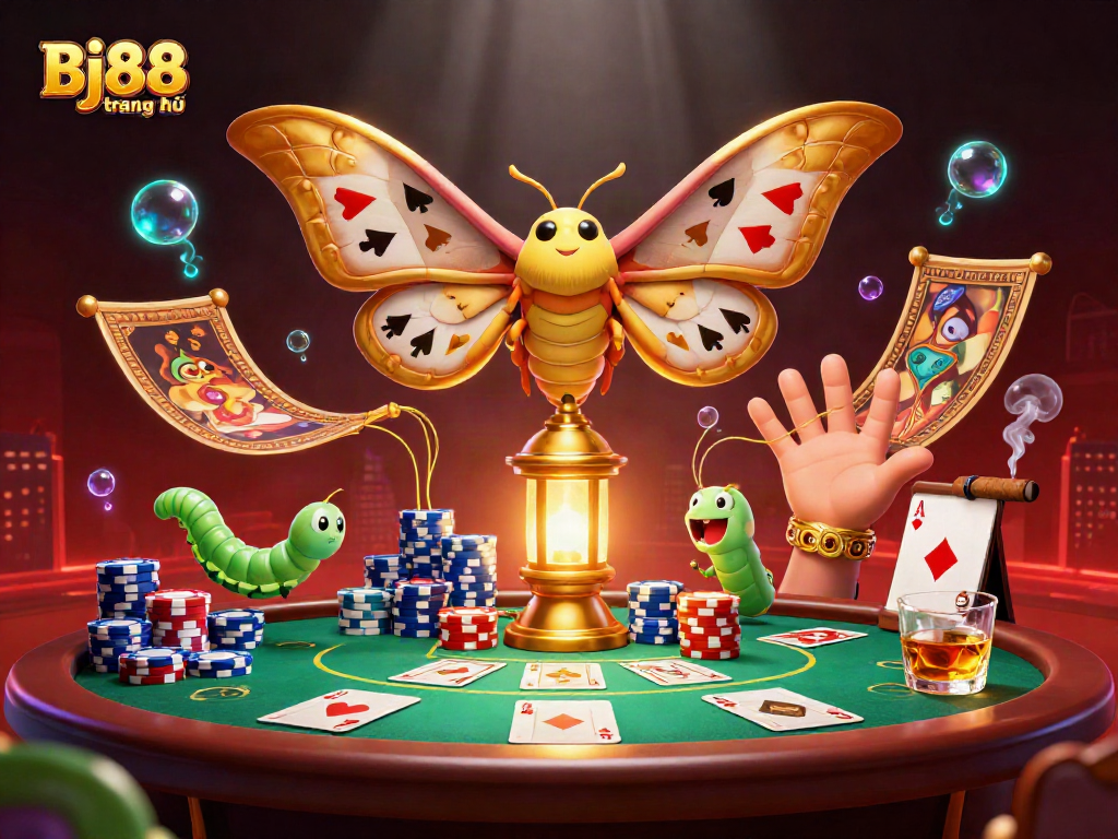Bj88 trang chủ showcases an engaging poker scene with animated moths and vibrant casino elements.
