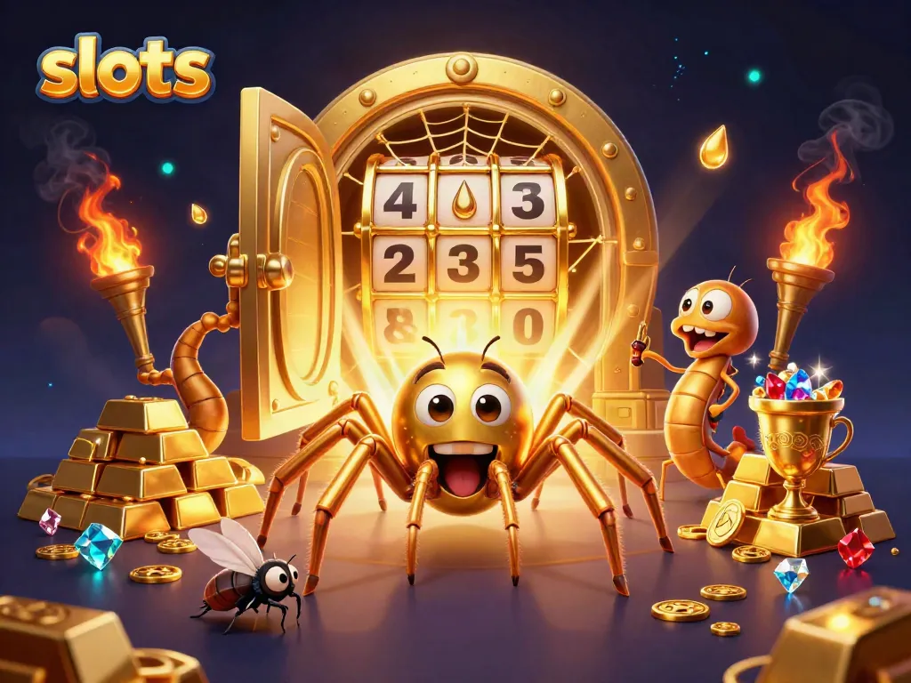 Experience thrilling slots action with vibrant golden characters and treasures in a dynamic casino scene.