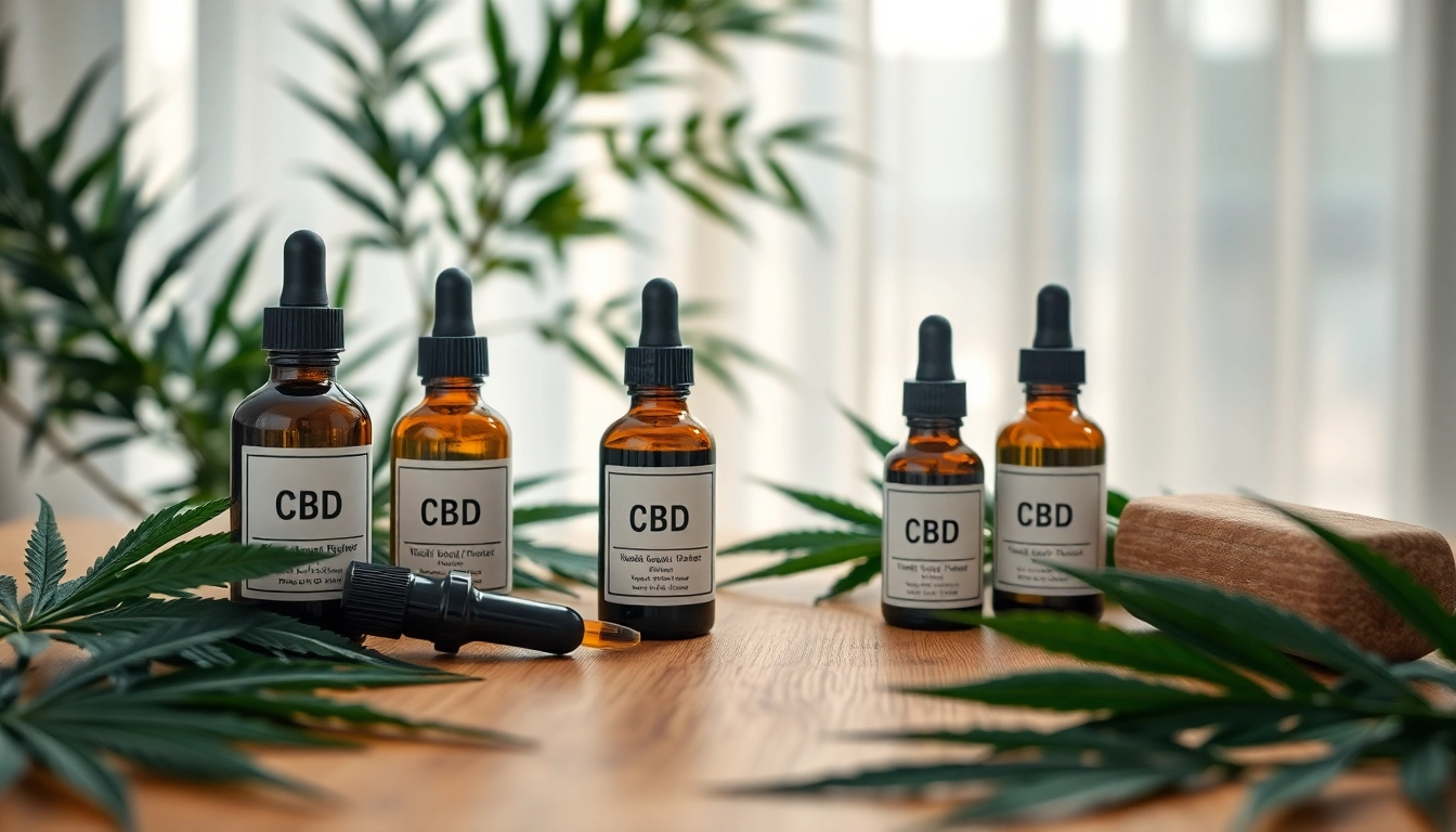 Showcasing CBD products artfully arranged on a wooden table, highlighting natural elements.