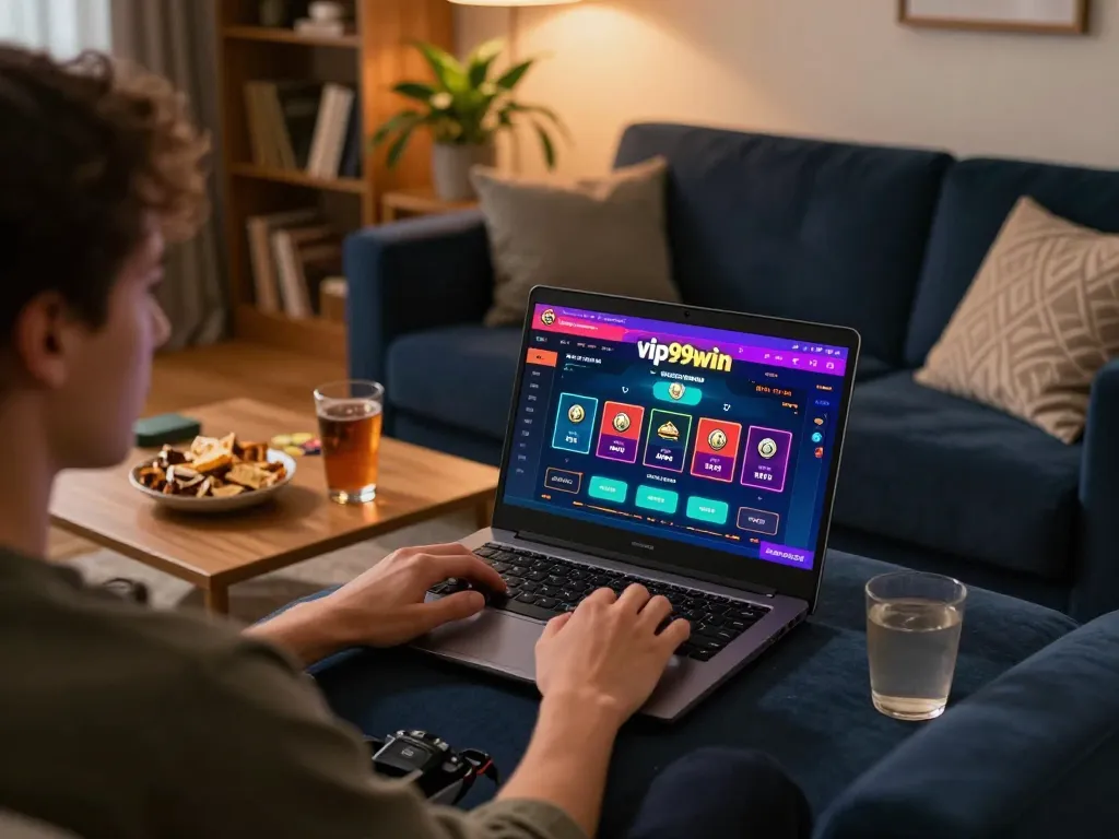 Experience online gambling excitement with vip99win on a cozy sofa.