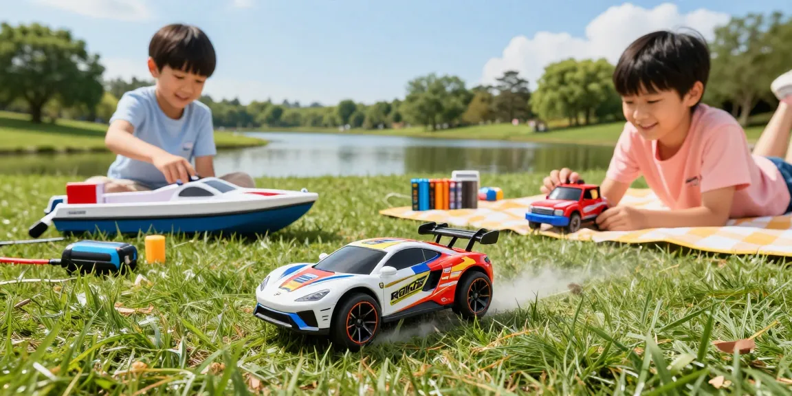 Kids playing with ROKOK88 remote control cars and boats in a sunny park.
