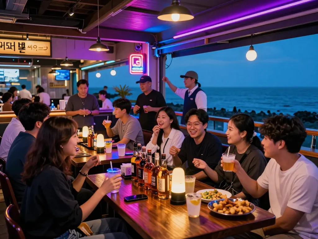 Enjoying 제주유흥 nightlife at a lively Jeju bar with friends and drinks.
