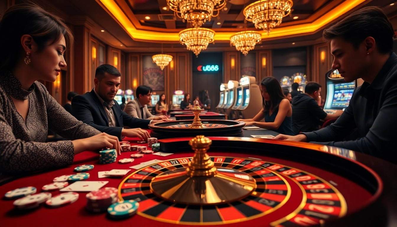 Experience the thrill of u888 with a vibrant casino scene showcasing roulette and poker action.